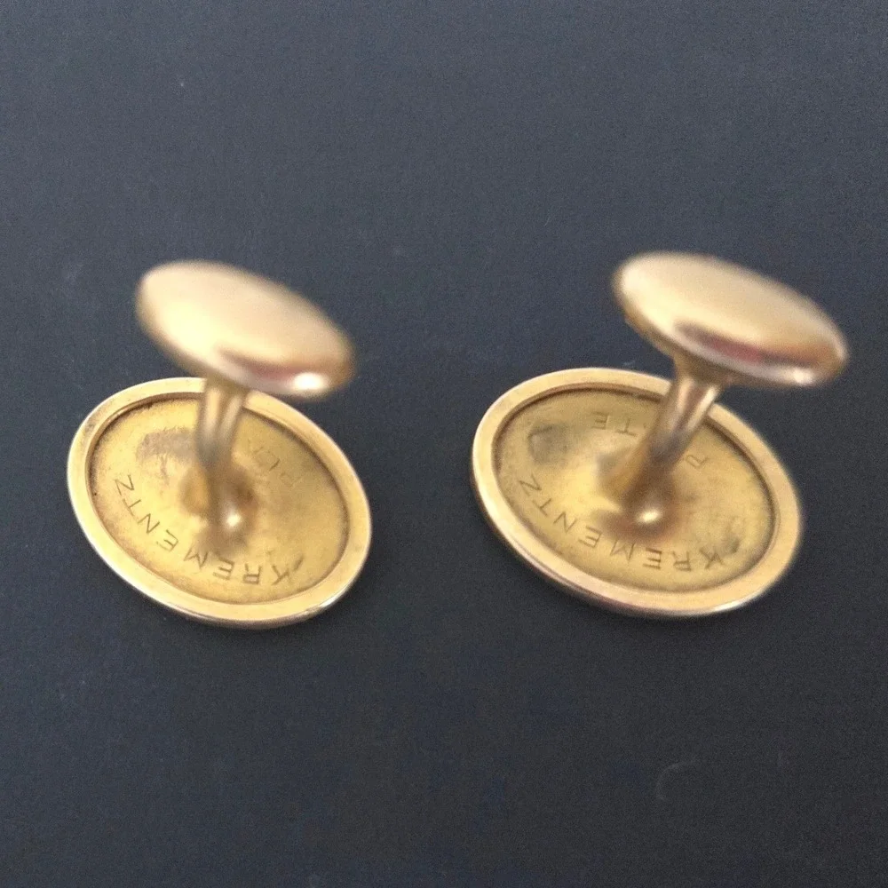 Vintage Krementz Gold Plated Engraved Monogram Oval Bean Back Cufflinks